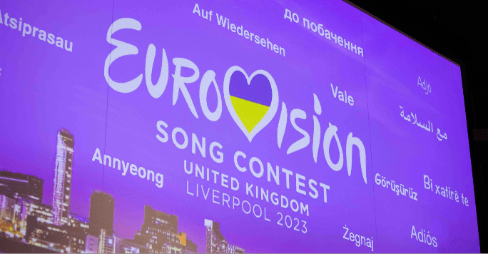 A screen saying Eurovision song contest United Kingdom Liverpool 2023