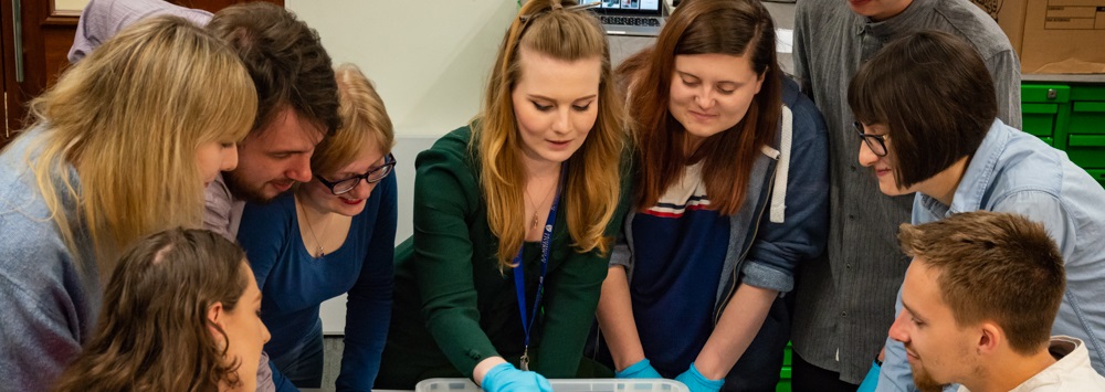 Students looking at artefacts in the Garstang Museum lab	