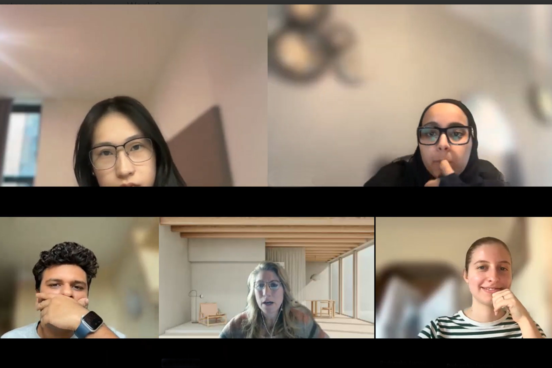 A screenshot of 5 people's faces on an online webinar.