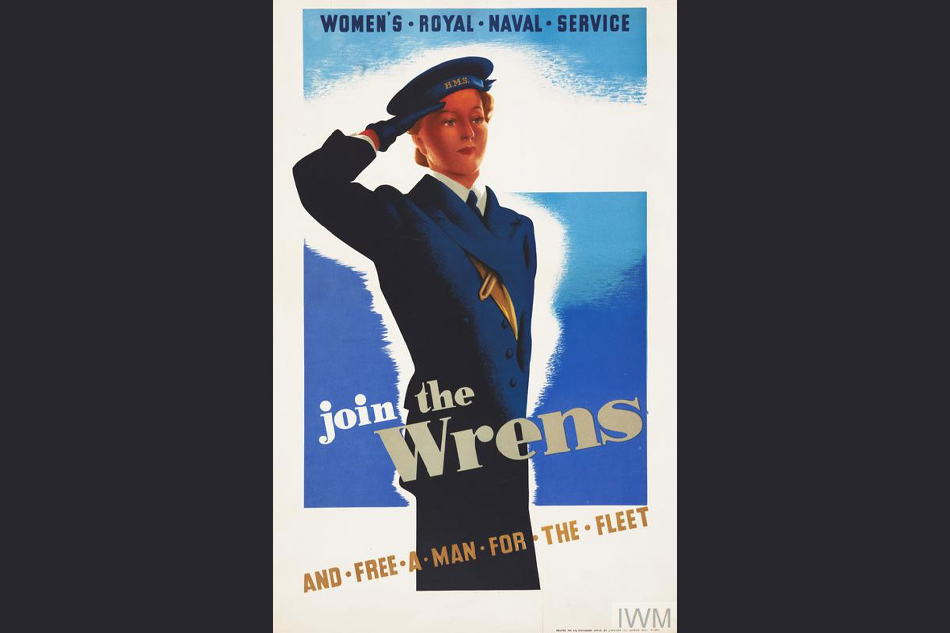 a three-quarter length depiction of a woman dressed in the cap and uniform of a WRNS rating, set against a blue sea and horizon. She gazes out towards the right of the poster and salutes with her gloved right hand. text: WOMEN'S ROYAL NAVAL SERVICE join the Wrens AND FREE A MAN FOR THE FLEET
