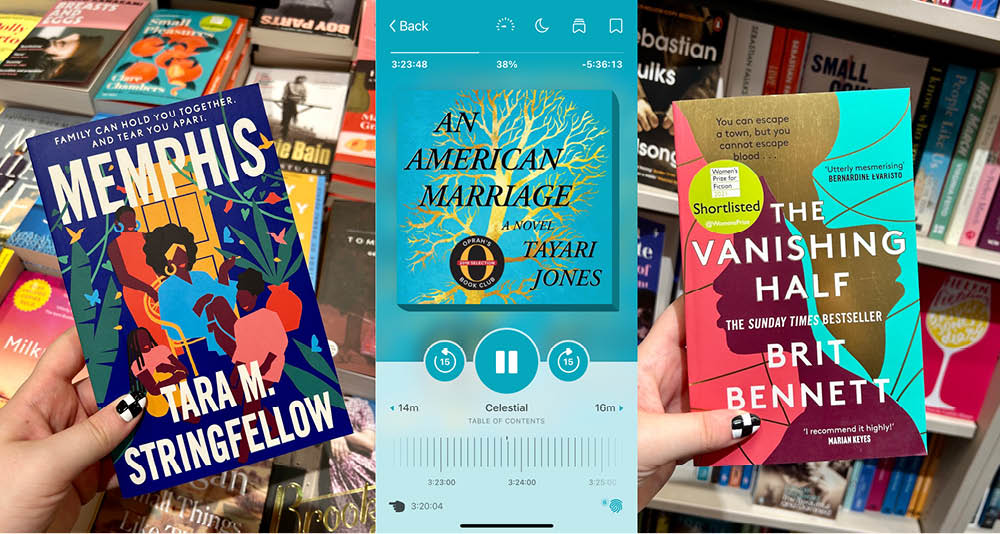 A collage of two book covers and a screenshot of an audiobook