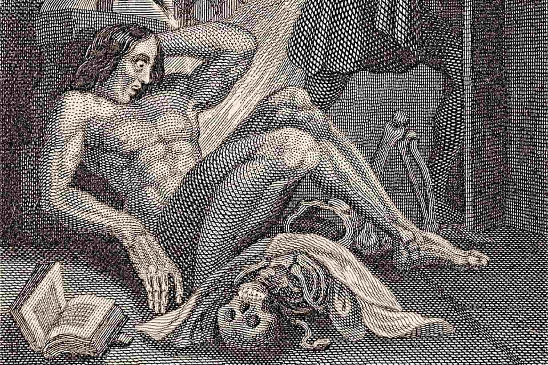 Steel engraving of Frankenstein, or the Modern Prometheus