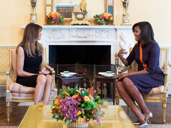 First Lady Michelle Obama meets with Melania Trump for tea in the Yellow Oval Room of the White House.