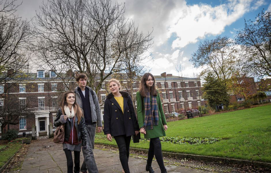 Students walking across campus