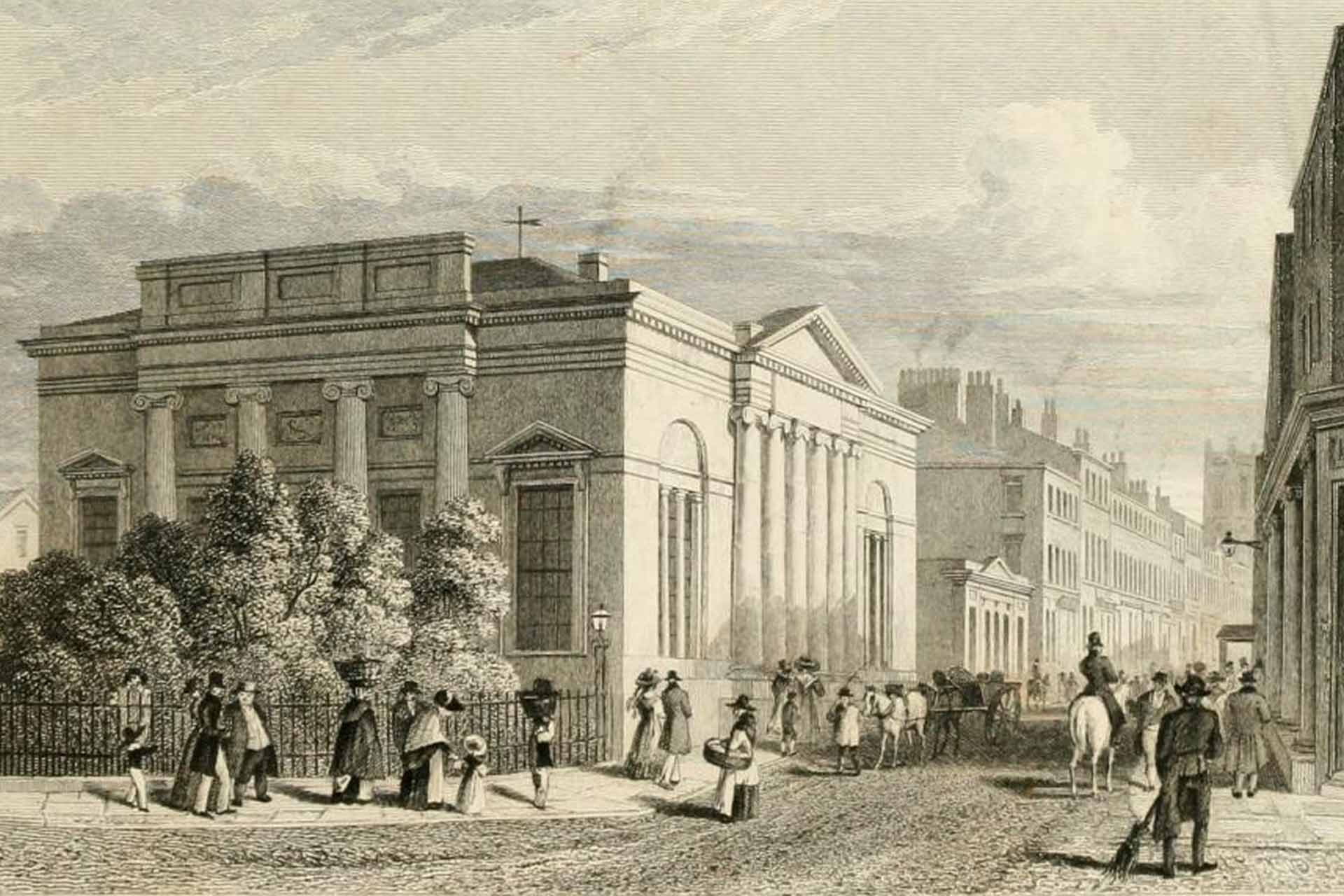 A painting of a street with a grand building in the centre, whilst people walk around on the road and others ride around on horses.