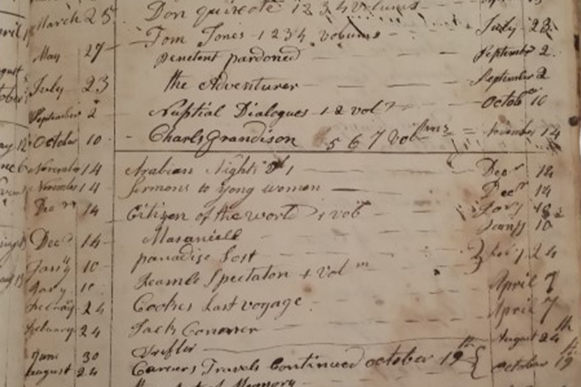 An old handwritten library record of books.