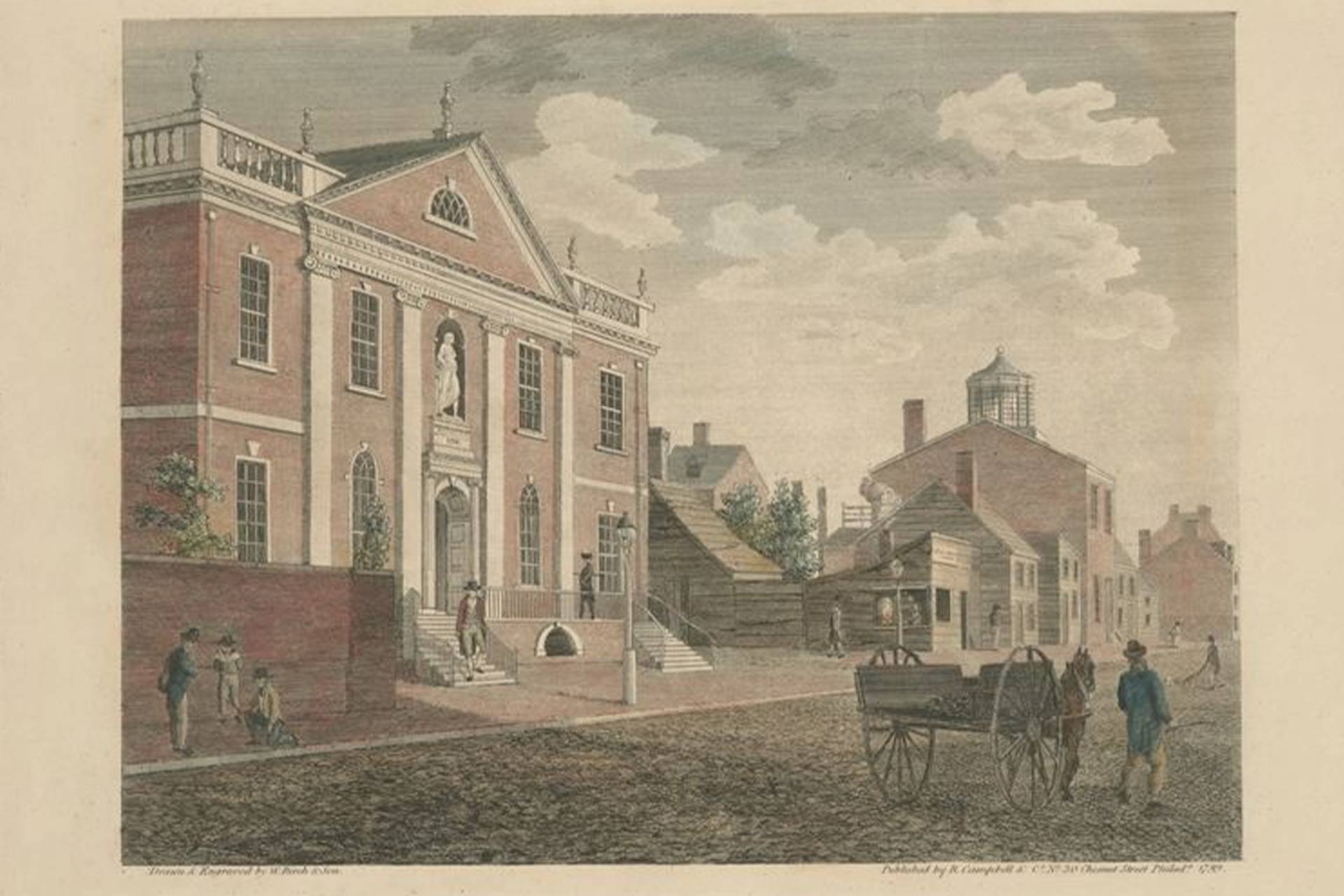 A painting of a large grand library building from the outside, with a horse and cart outside a grassy area at the front. Under the painting reads 'Library and Surgeons Hall in Fifth street Philadelphia'