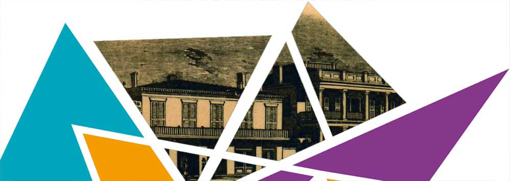 Historical image of a house in the United States with colourful graphic design shapes over the image.