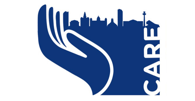 Covid Care logo of a hand against the Liverpool skyline