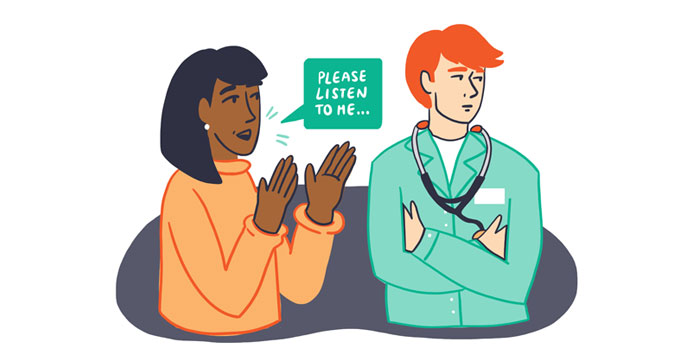 A cartoon of a woman talking to a Dr saying Please listen to me