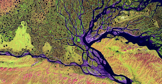 A satellite view of a river delta
