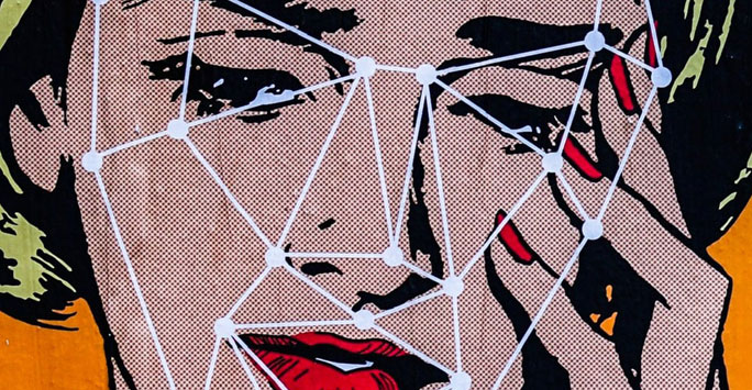 Comic book woman's face with digital lines over it