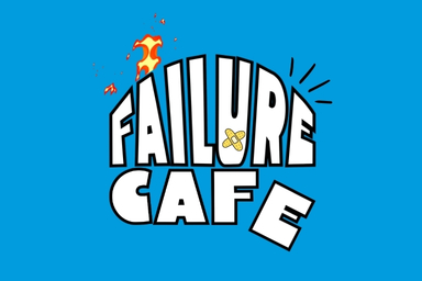 The text reads Failure Cafe but the letters are on fire, have band-aids and one is falling off the sign