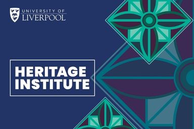 White text on a blue background with a green geometric pattern