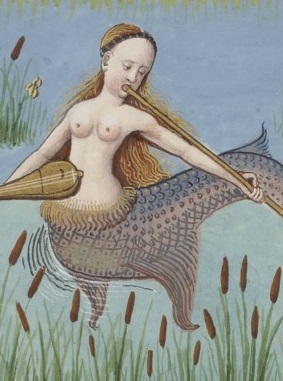 Image of a Mermaid playing musical instruments - Image courtesy of Bibliothèque nationale de France, MS français 143, f. 130v