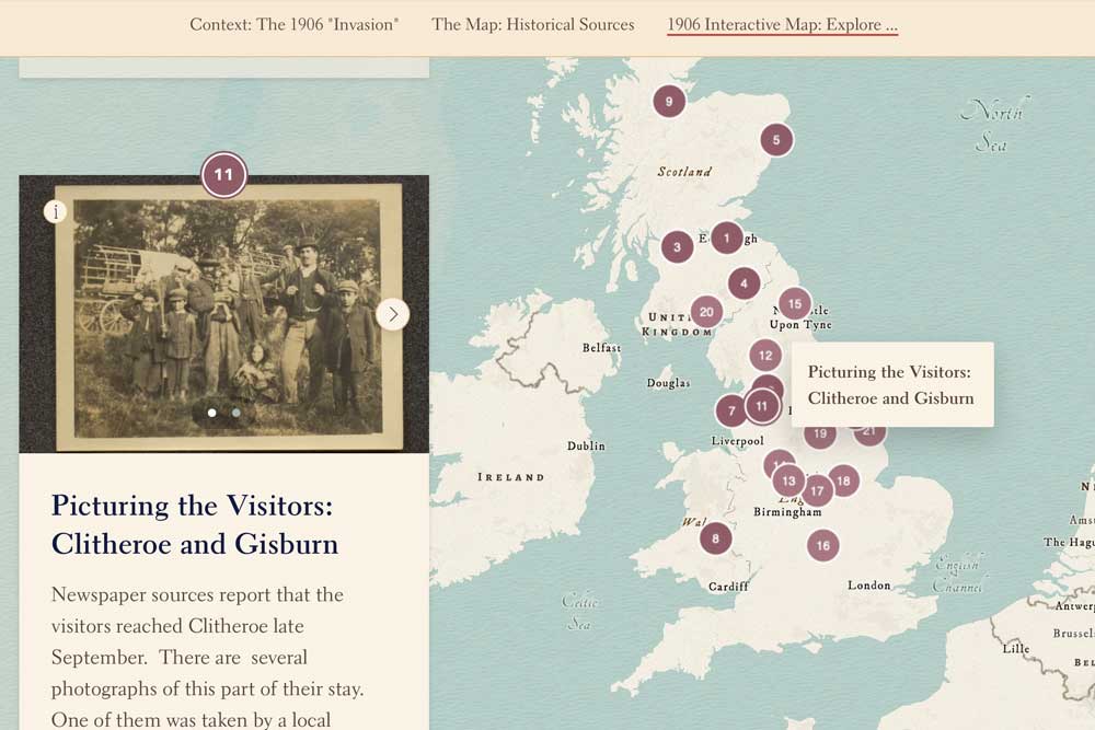 A screenshot from a presentation showing the locations in the UK Romany people came to