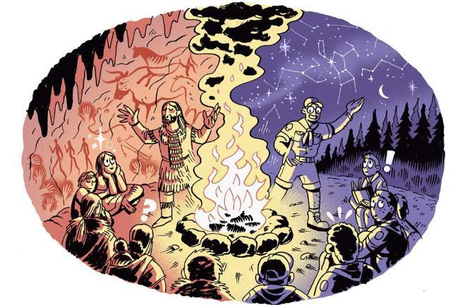 Toolit cover image of people around a fire telling stories, on one side cave-dwellers, on the other modern people