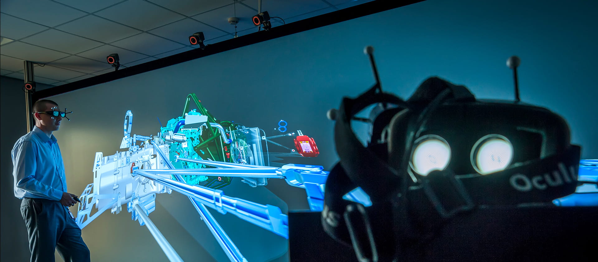 Virtual reality screen and headset in Virtual Engineering Centre