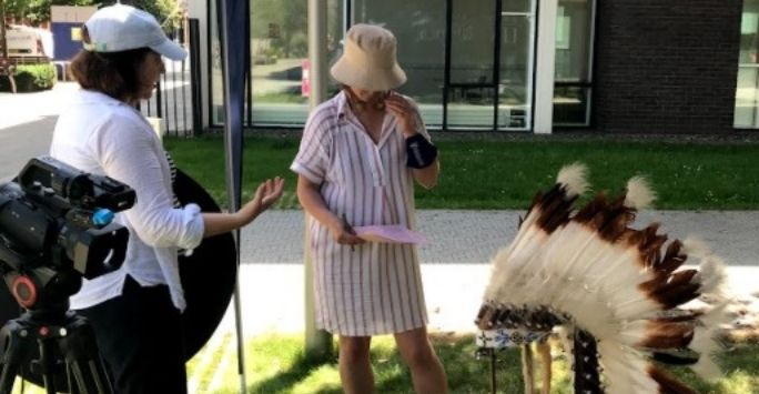 Videographer Jenny Collins and director Eleanor Lybeck review the script on the set of ‘Let Her Witness It’, July 2021