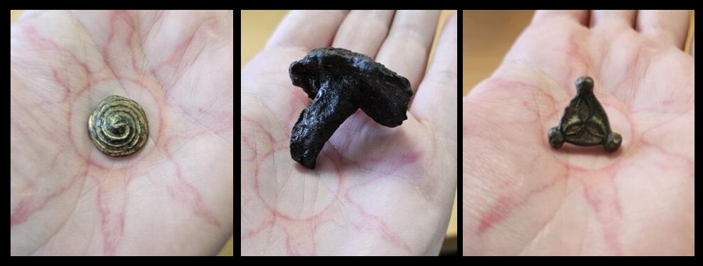 3 photos of viking age pins and similar artefacts held in a hand