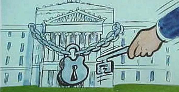 Cartoon of the Northern Ireland Assembly parliament buildings with lock and key