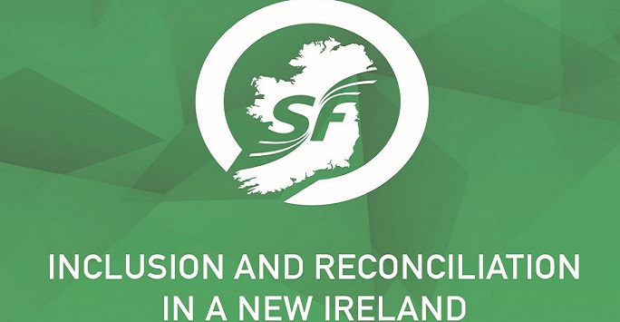 Sinn fein logo and inclusion and reconciliation in a new ireland in white writing on a green background