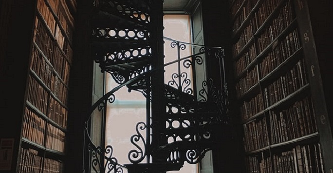 spiral staircase in a library