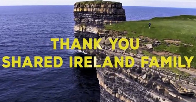'thank you shared ireland family' in yellow bold text over a scene of ireland's coastline