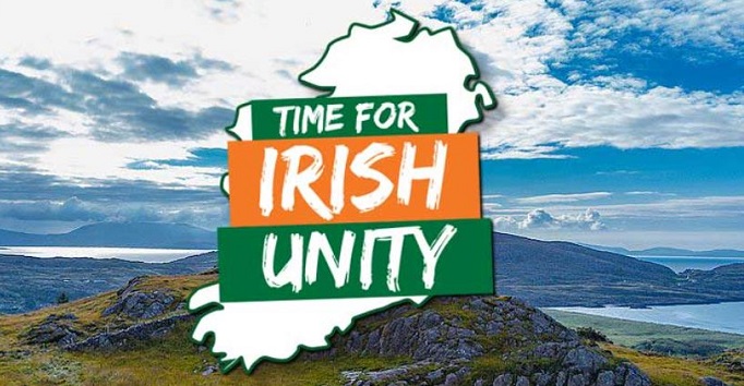 sea and mountain scene, overlayed with a white map of the island of ireland and time for irish unity in orange and green text boxes