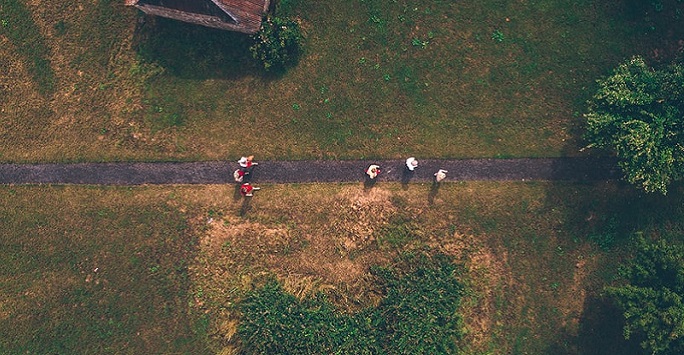 aeiral view of people walking along a path