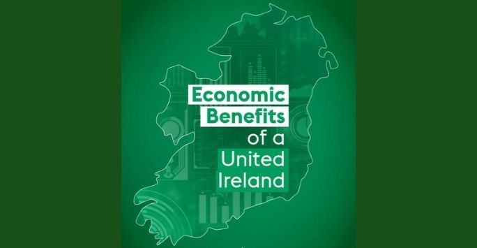 map of the island of ireland with economic benefits of a united ireland in block text