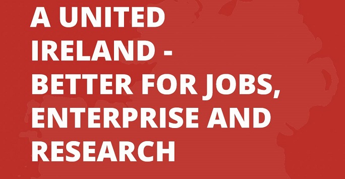 red background with 'A united Ireland - better for jobs, enterprise and research' in block text