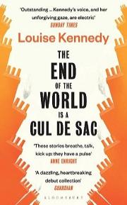 The End of the world is a cul de sac by Louise Kennedy book cover. Orange and white patterned cover with the book title and author name centred in black block text