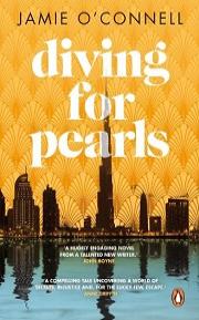 Diving for pearls book cover. A yellow cover with a black city skyline. Title is written in white text and centred at the top of the cover