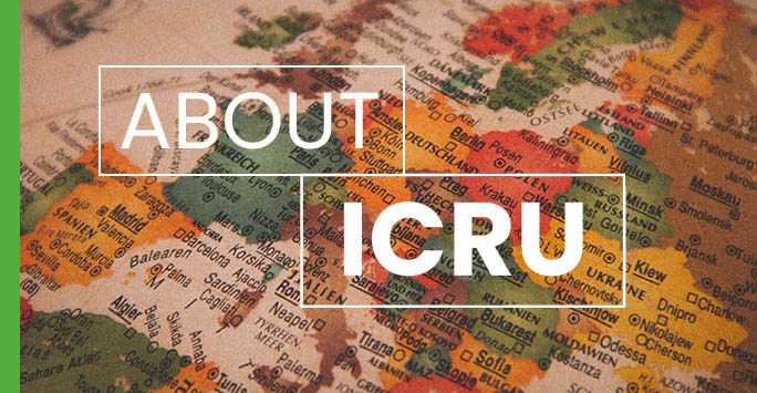 Map of the world with white text overlaid that reads: 'About ICRU'