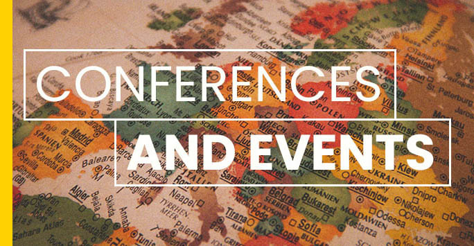 Map of the world with white text overlaid that reads: 'Conferences and Events'
