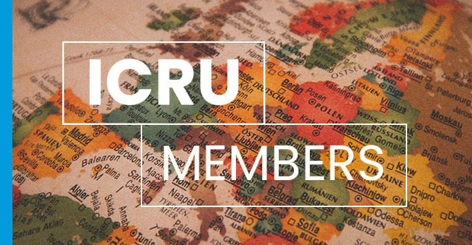 Map of the world with white text overlaid that reads: 'ICRU Members'