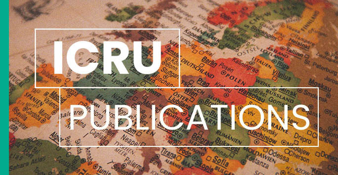 Map of the world with white text overlaid that reads: 'ICRU Publications'