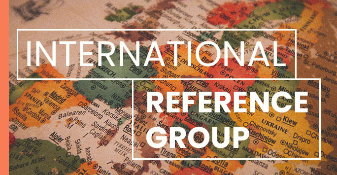 Map of the world with white text overlaid that reads: 'International Reference Group'