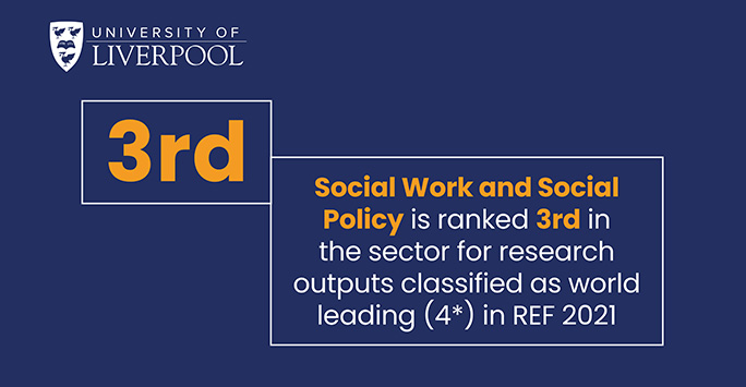 A blue graphic with yellow and white text that reads: 3rd - Social Work and Social Policy is ranked 3rd in the sector for research outputs classified as world leading (4*) in REF 2021