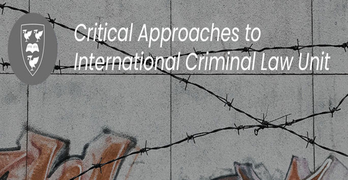 Critical Approaches to International Criminal Law logo - white writing on a background of barbedwire