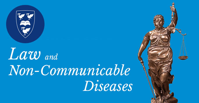 Law and Non Communicable Diseases on blue background with statue of Lady Justice