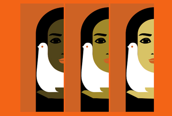 Women holding white dove against face