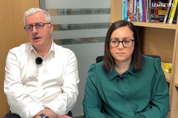 Prof Barry Godfrey and Dr Antoinette Huber sitting in an office in front of bookshelves. An ITV News logo appears in the top-right corner