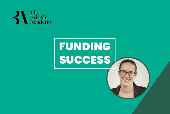 A teal green background with white text that reads 'Funding Success' with a photo of Carly Lightowlers in a circle on the right