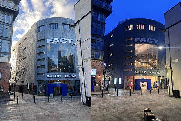 Two images of FACT Liverpool, one taken at daytime and one at night