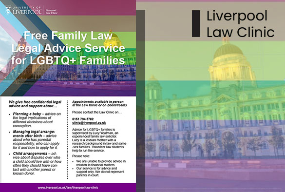 Family Law for LGBTQ+ Families poster featuring Liverpool's 3 graces behind a rainbow filter