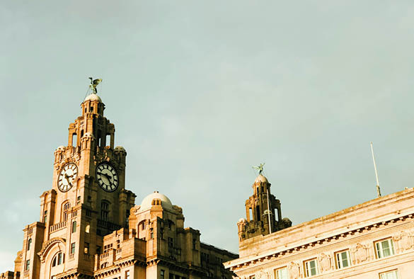 Liver birds on a building by Pier Head in Liverpool.