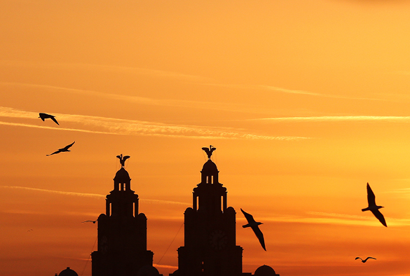 Liver birds on a building by Pier Head in Liverpool.