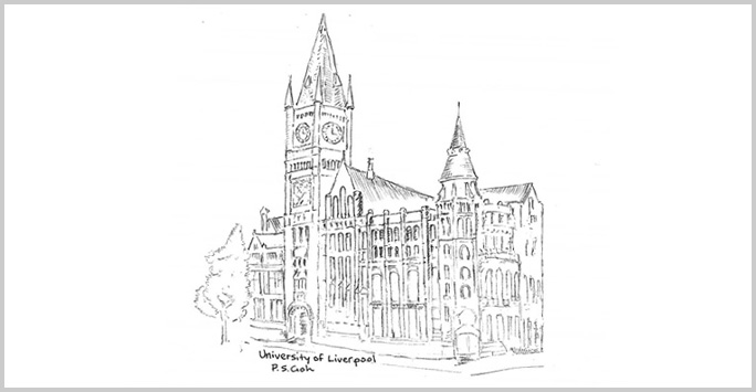 Drawing of the University of Liverpool's Victoria Building by P. S. Goh